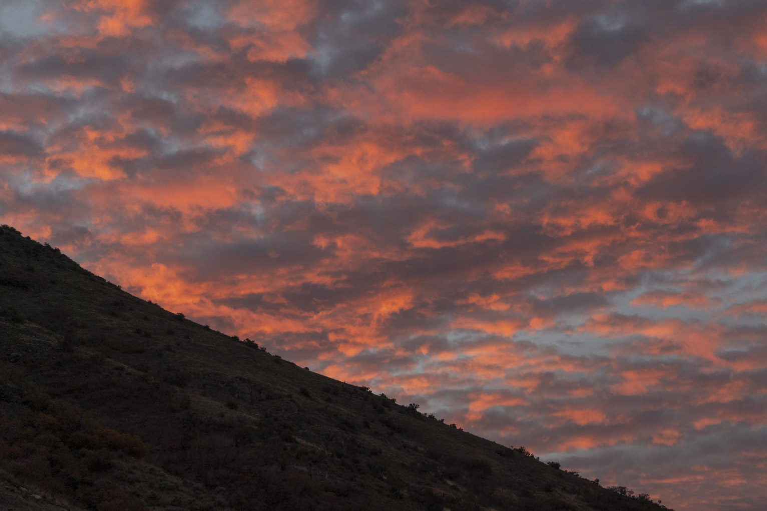 The mountainside in early morning light with pink-red lit clouds above